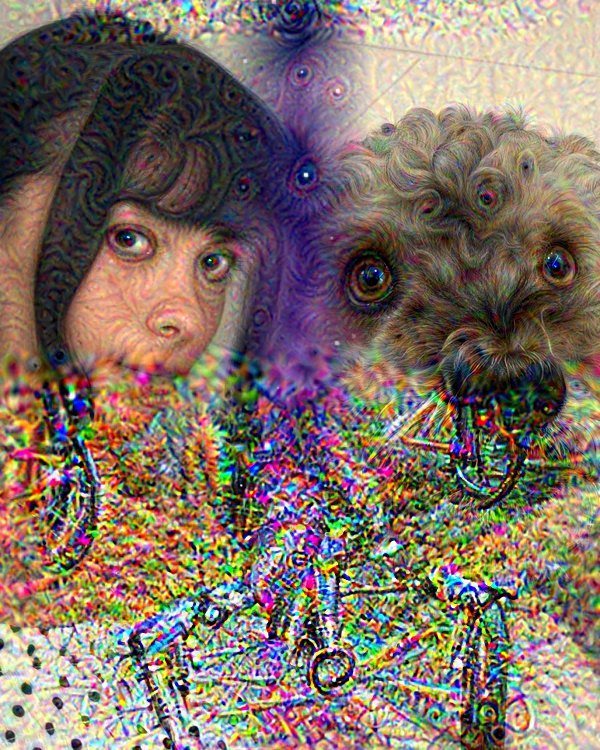 a deep dream of ilona with a dog and bicycles